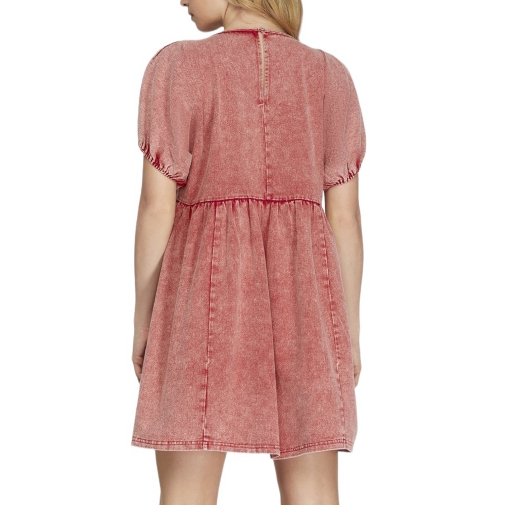 NWT SHE + SKY Mineral Wash Red Denim Pintuck Puff Sleeve Mini with Pockets Sz L - Picture 4 of 6